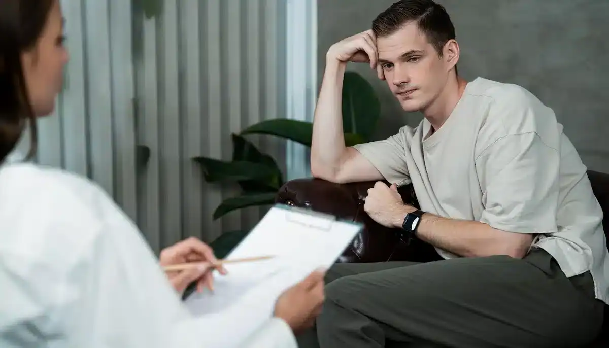 Man talking with a counselor during an individual therapy session for alcohol use.