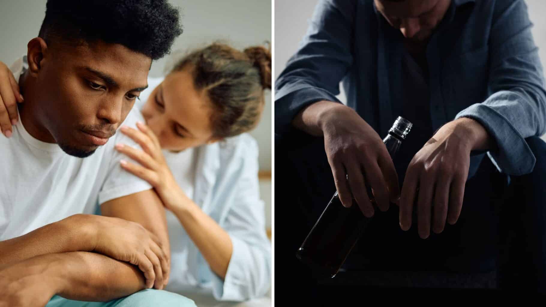 A split image of a woman holding her boyfriend wondering how to help an alcoholic boyfriend and a man looking down while holding a bottle.