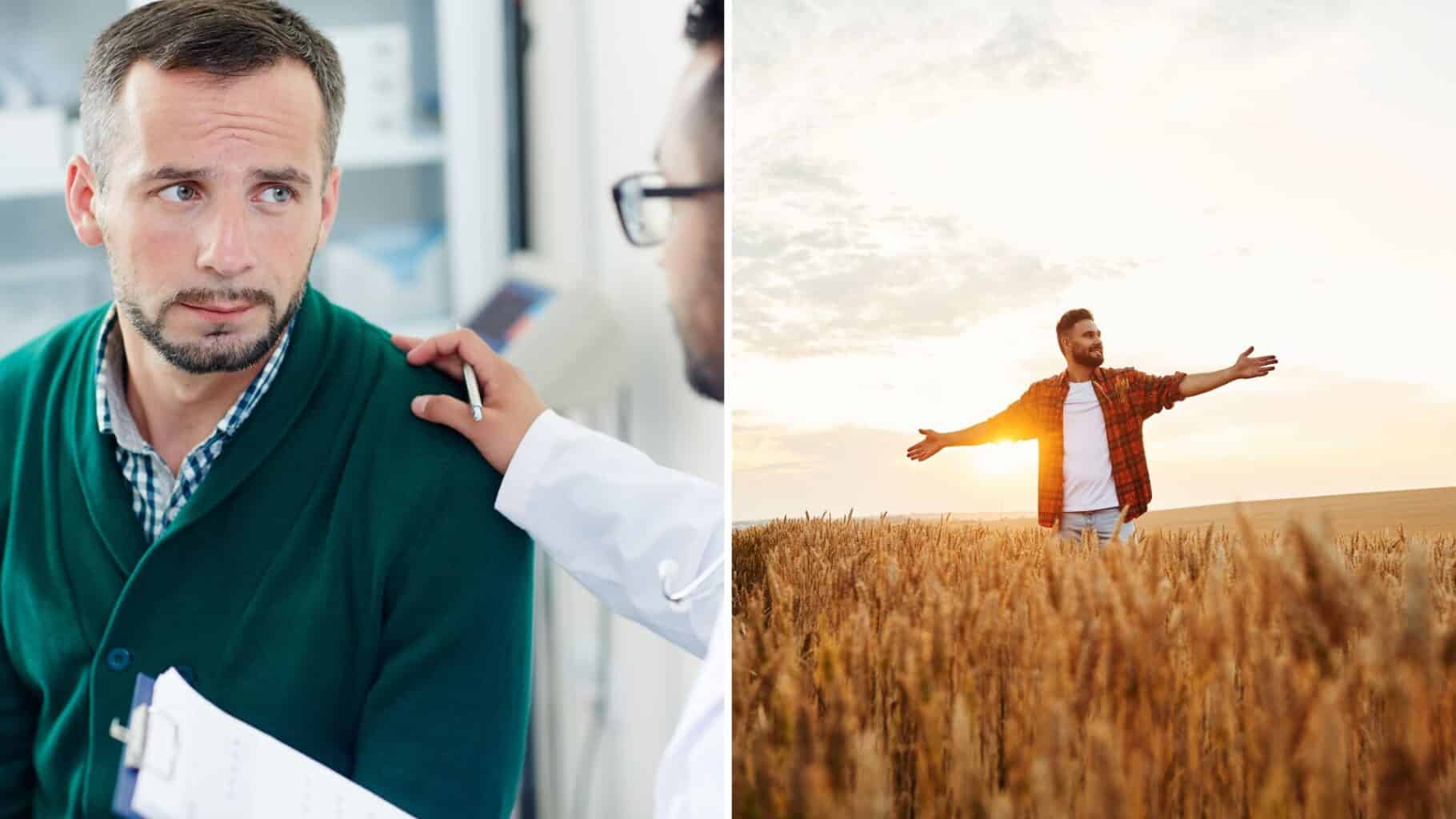 A split image of a man talking to a doctor asking how long is php treatment and another man in a field at sunset with his arms spread.
