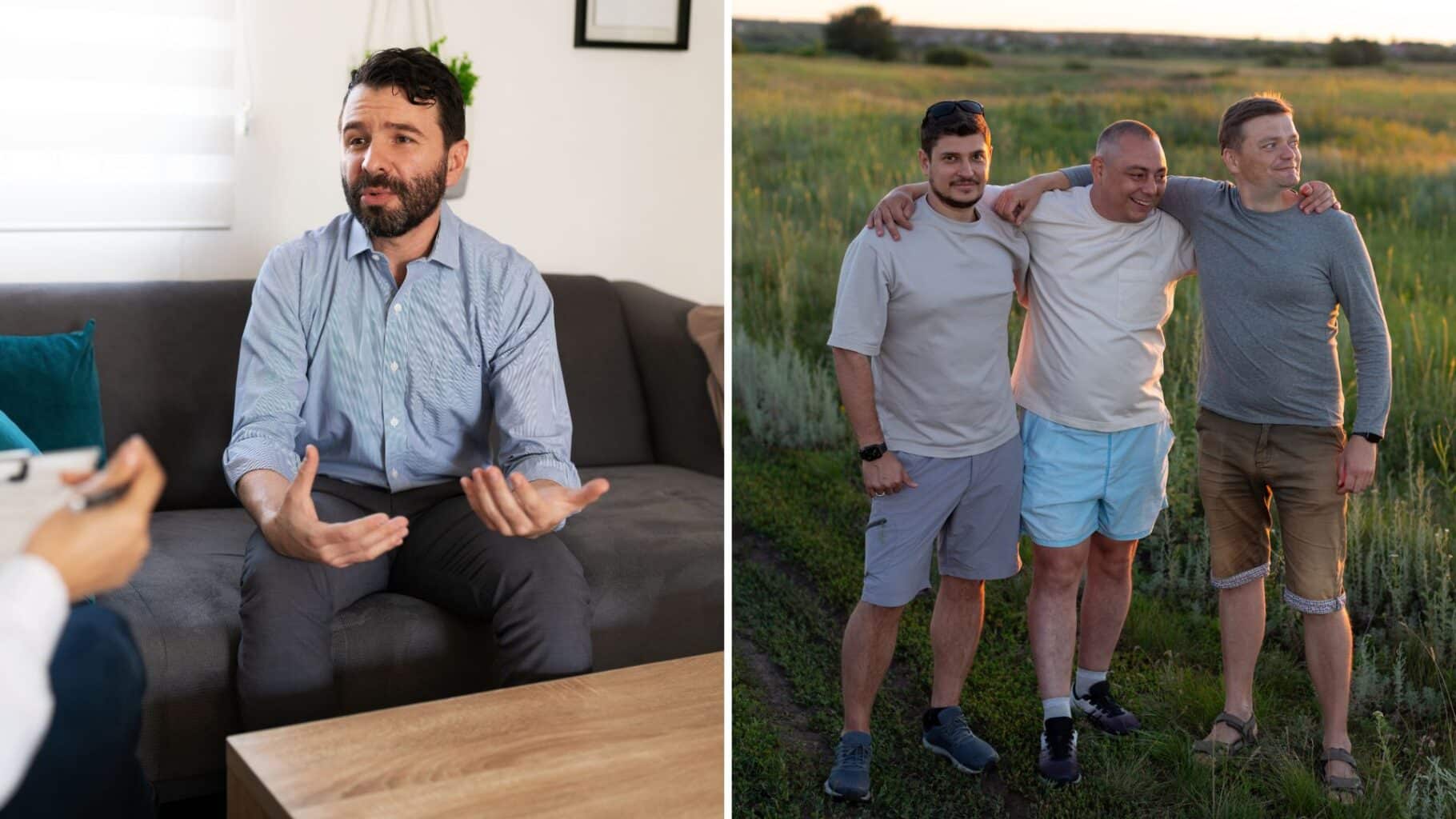 A split image of a man speaking with a therapist asking how much does iop cost with insurance​ next to three men standing in a field smiling.